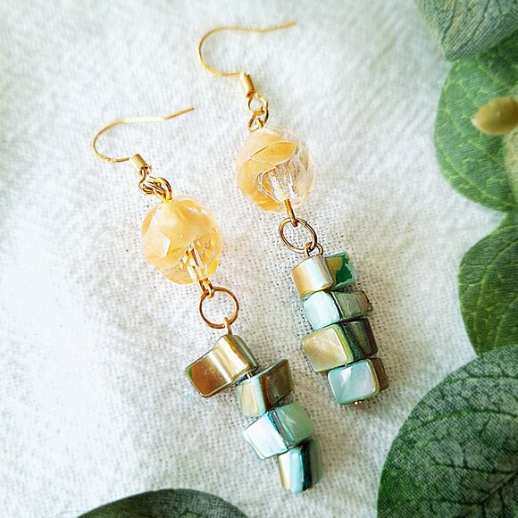 Handmade Mother of Pearl Earrings – Boho Chic Gold Dangle, Coastal Cowgirl - Picture 1 of 7